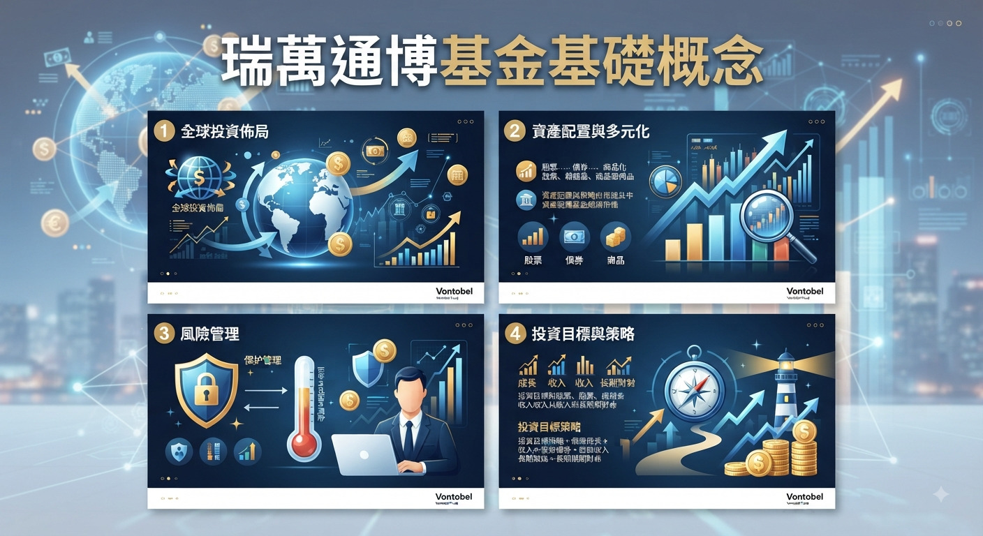 這張圖片以深藍色金融科技風格為背景,展示了Vontobel瑞萬通博基金的基礎概念。 畫面上方醒目地標示著「瑞萬通博基金基礎概念」的主標題,並穿插了全球投資布局與風險管理的視覺圖表。