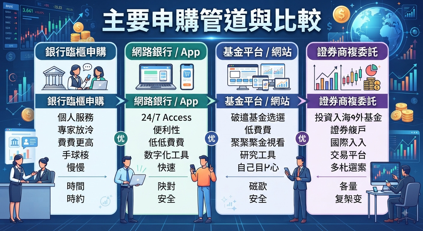 圖片上方醒目地顯示了「主要申購管道與比較」的標題。 畫面下方透過四大直向欄位與插圖，展示了不同申購管道的對比與特點。
